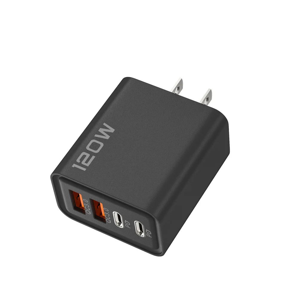 Cargador USB de 4 puertos, 120 W, tipo C, adaptador de carga rápida para iPhone, Samsung, Xiaomi y Huawei.