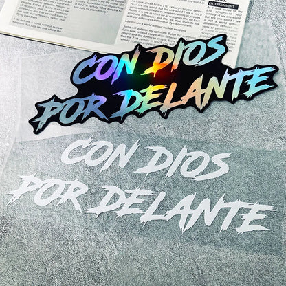 1PC CON DIOS POR DELANTE Motorcycle Stickers Waterproof for Front Fairing Fuel Tank Electric Scooter Car Window Vinyl Decals