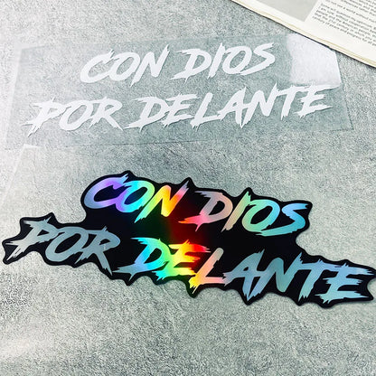 1PC CON DIOS POR DELANTE Motorcycle Stickers Waterproof for Front Fairing Fuel Tank Electric Scooter Car Window Vinyl Decals