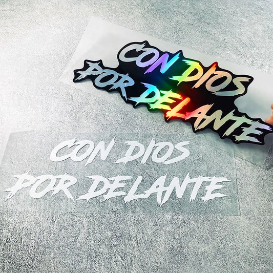 1PC CON DIOS POR DELANTE Motorcycle Stickers Waterproof for Front Fairing Fuel Tank Electric Scooter Car Window Vinyl Decals