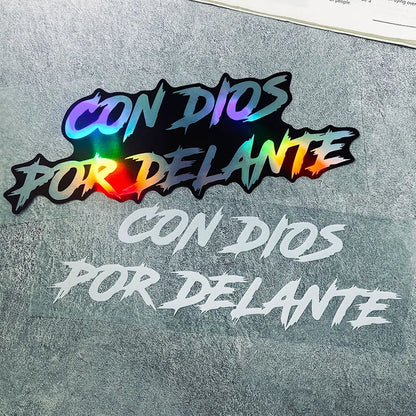 1PC CON DIOS POR DELANTE Motorcycle Stickers Waterproof for Front Fairing Fuel Tank Electric Scooter Car Window Vinyl Decals