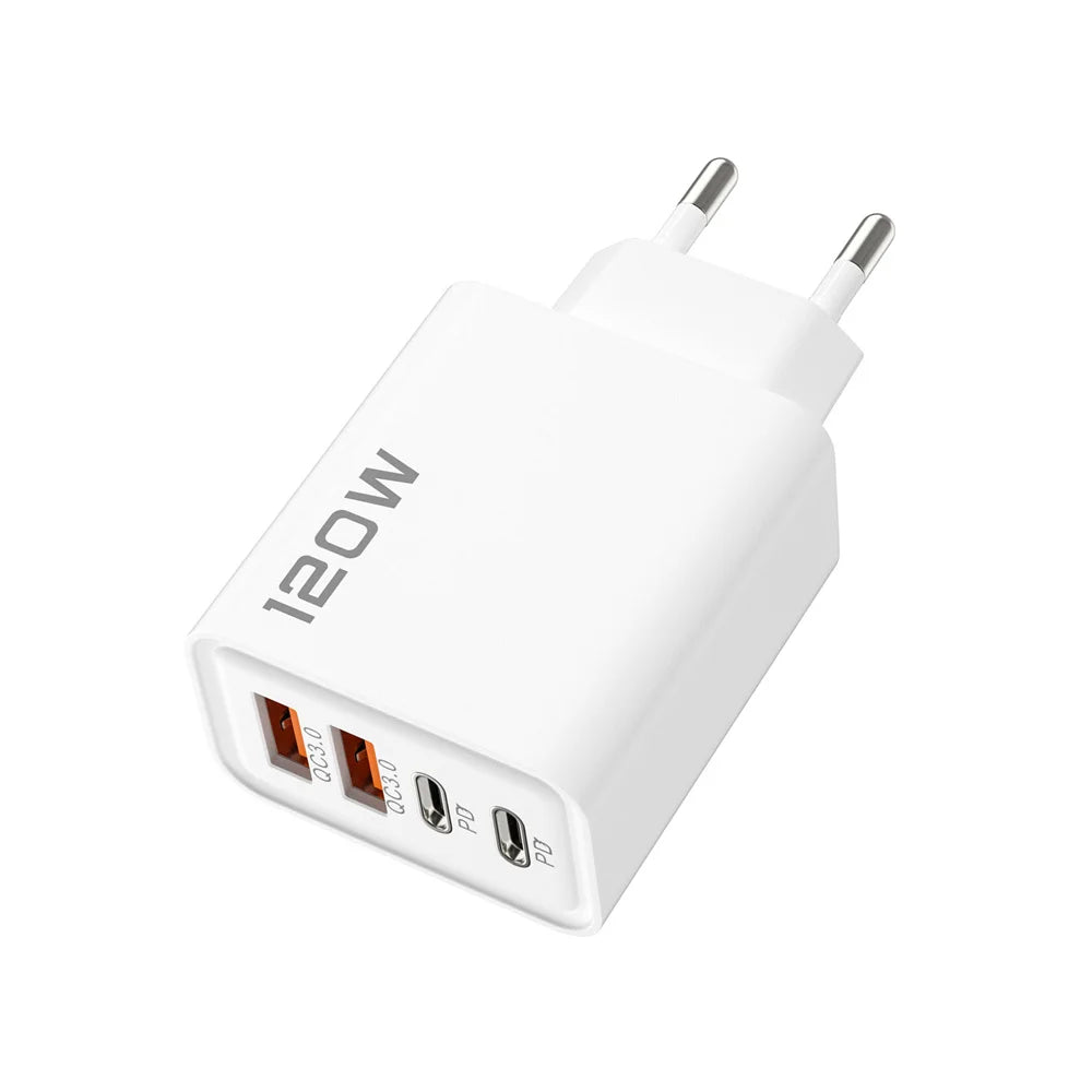 Cargador USB de 4 puertos, 120 W, tipo C, adaptador de carga rápida para iPhone, Samsung, Xiaomi y Huawei.