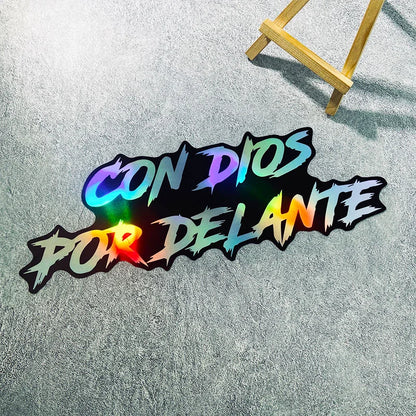 1PC CON DIOS POR DELANTE Motorcycle Stickers Waterproof for Front Fairing Fuel Tank Electric Scooter Car Window Vinyl Decals