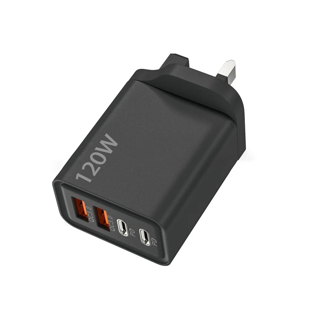 Cargador USB de 4 puertos, 120 W, tipo C, adaptador de carga rápida para iPhone, Samsung, Xiaomi y Huawei.